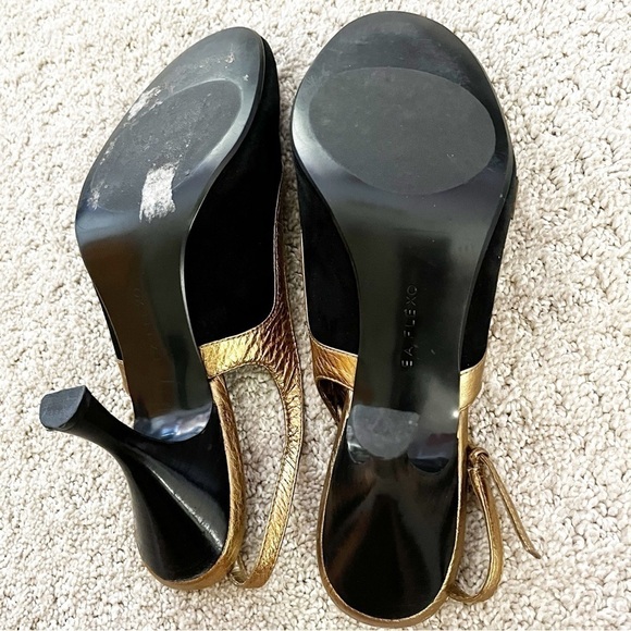 Enzo Angiolini Black Suede Leather Slingback Heels Sz 9.5 Pump Gold Metallic Bow - Picture 7 of 10